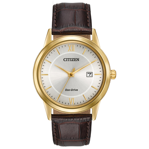 Mens Eco-Drive Brown Leather Strap Watch Sunray Dial