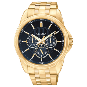 Mens Quartz Gold-Tone Multi Dial Watch Dark Blue Dial