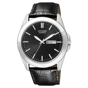 Mens Quartz Eco-Drive Black Leather Strap Watch Black Dial